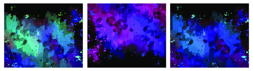 Purple and blue watercolor stains and splashes against a black background. Set of vector watercolor textures.