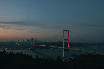Istanbul view. Bosphorus Bridge at dusk. Noise included.