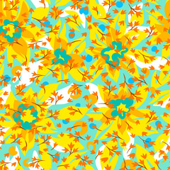 Flat stylized flowers. Summer floral background with small meadow flowers mixed with large buds. Nature motif. Botanical seamless pattern made of brush strokes forming plain lush foliage plants.