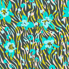 Geometric seamless pattern made of curved wavy lines mixed with flowers. Artistic animal stripes background. Floral ornament.