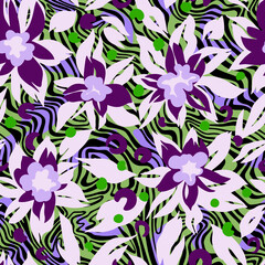 Stylized flowers. Summer floral background with curved geometric texture. Trendy flat design. Nature motif. Botanical seamless pattern made of brush strokes forming plain lush foliage plants.