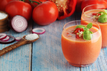 Cold Spanish soup Gazpacho served in glasses
