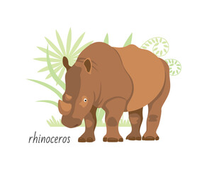 Animal rhinoceros isolated on white background. Tropical plants. Vector flat illustration