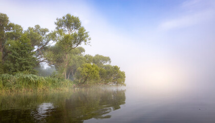 Obraz premium Mystical landscape. Fog in the early morning on the river. The trees near the water are illuminated by the rays of the rising sun.
