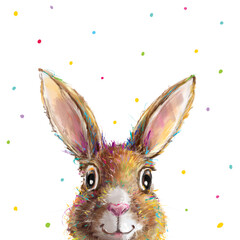 A poster for a children's bedroom with a cute bunny. Illustration for children with a colorful rabbit. Graphics for cards, posters, banners, Easter themed flyers.