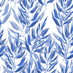 Blue and white seamless pattern with sprigs. Vector stock illustration for fabric, textile, wallpaper, posters, paper. Fashion print. Branch with monstera leaves. Doodle style.