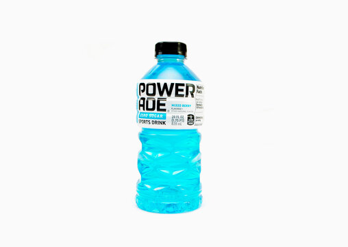 Mountain Blast flavor Isolated Over White. Powerade replenishes vitamins and electrolytes lost during physical activities. Powerade is a division of Coca-Cola.