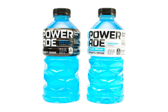 Mountain Blast flavor Isolated Over White. Powerade replenishes vitamins and electrolytes lost during physical activities. Powerade is a division of Coca-Cola.