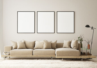 mock up poster frame in modern interior background, living room, Scandinavian style, 3D render, 3D illustration