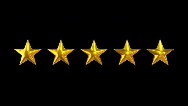 Five golden stars rating Animation with alpha channel 3d render