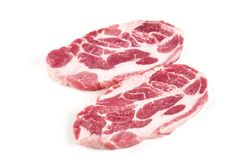 Raw pork shoulder butt steaks, isolated on white background. High resolution image.