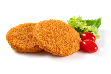 Chicken Cordon Bleu in bread crumbs, isolated on white background.