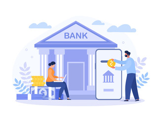 Mobile banking concept. Man puts coins in smartphone, girl makes cashless transfers from laptop. Modern technologies and digital world. Fast transactions metaphor. Cartoon flat vector illustration