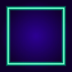 Vector neon Square of turquoise color on a dark blue background with a blank space inside for your text. isolated neon pattern of lines in the shape of a square, the element glows in the dark blue