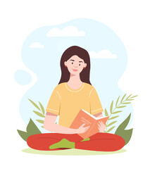 Obraz na płótnie Canvas Concept of reading. Young girl sits in lotus position with book in her hands, useful hobby and pleasant rest. Education and self development metaphor, information. Cartoon flat vector illustration
