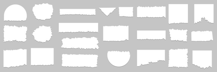 Set of pieces of white torn paper, isolated on grey background. Vector illustration