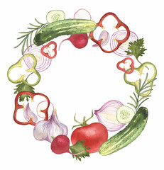 Food salad frame. Watercolor hand drawn vegetables, garlic, cucumber, tomato, pepper, avocado