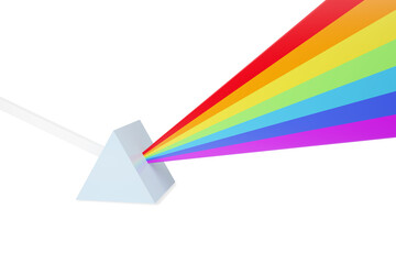 Abstract representation of a ray of light hitting a prism and dispersing into a spectrum of colors. 3d illustration.