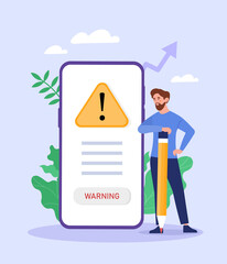 Concept of warning. Man with pencil stands near smartphone, error or warning about potential virus. Safety on Internet, programmer fixes application, worker. Cartoon flat vector illustration