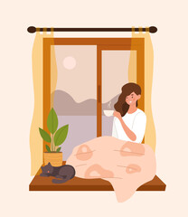 Woman drinking tea. Young girl with mug of coffee and cat lies on window. Rest after work, relaxation and recuperation. Dreams and imagination, self isolation. Cartoon flat vector illustration