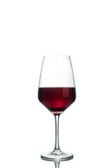a glass of red wine in a transparent glass on a white background with reflection
