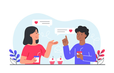 Couple in love. Young guy and girl with cocktails in their hands communicate, romantic date with sweets. Characters in restaurants and cafes. Strong relationship. Cartoon flat vector illustration