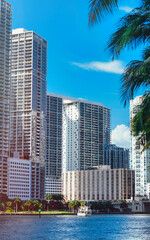 Fototapeta premium buildings sea Brickell Miami palms sky blue skyscrapers district beautiful day boat sun reflections 