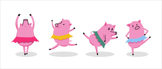 Ballet of dancing pigs in colorful skirts