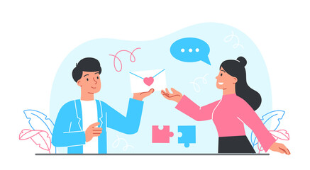 First dating concept. Man gives girl envelope, metaphor for love and care. Characters in love with each other. Gentle communication, chatting on social media. Cartoon flat vector illustration