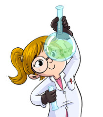 Illustration of little girl scientist with test tube - 493114369