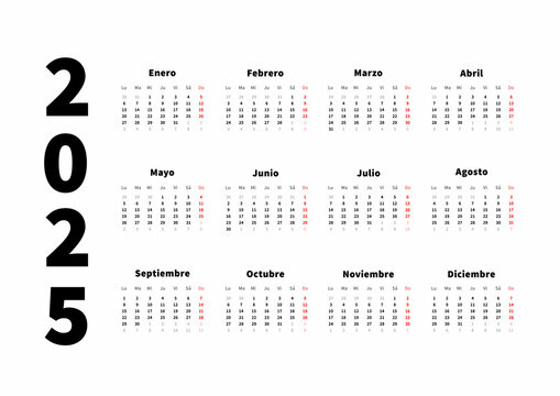 2025 year simple horizontal calendar in spanish, typographic calendar isolated on white