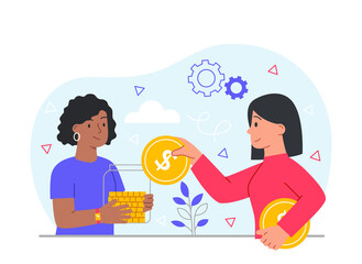 Improving finances concept. Girl holds out coins to other. Investment and financial literacy, company consultant. Partnership metaphor, entrepreneurs make deal. Cartoon flat vector illustration