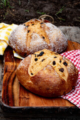 whole round loaves of Irish soda bread baked with sugar crystals encrusted on outside in still life on wood cutting board with checked cloth