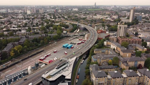The westway A40 motorway alongside the Grand Union Canal, Westbourne Park, Royal Oak, London, England
