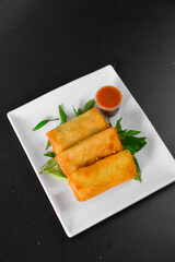 Fried Chinese traditional spring roll food on ceramic plate (beautiful shape) on black background