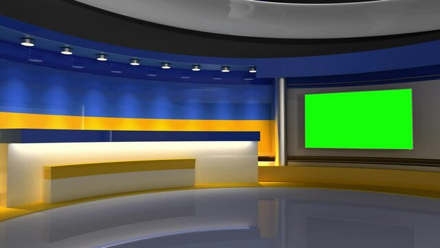 TV studio. Ukraine. Studio with Ukrainian flag colors. Ukrainian flag background. News studio. Backdrop for any green screen or chroma key video or photo production. 3d render. 3d
