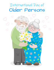 Happy elderly couple with a bouquet of flowers on a white background for the International Day of Older Persons
