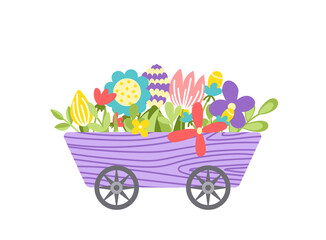 Cart with flowers. Garden floral wooden wheelbarrow. Flat, cartoon, isolated