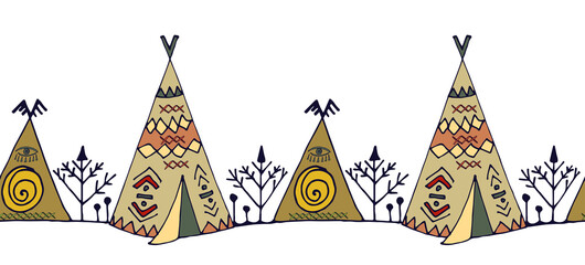 wigwam, hand drawing, cartoon, boho, primitive, seamless pattern wigwam, hand drawing, cartoon, boho, primitive, seamless pattern, color vector illustration © LypoVa
