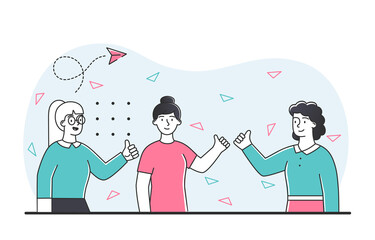 People show thumbs up. Friendly characters and young girls made deal. Approval from employees and colleagues. Good atmosphere in team, women celebrate success. Cartoon flat vector illustration