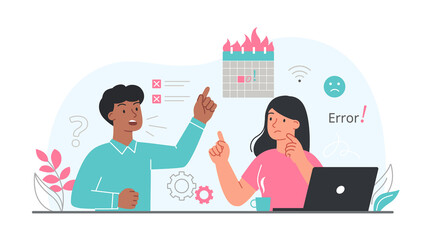 Stressed about deadline. Man and girl next to calendar, responsible employees. Colleagues rush to finish project, panic and stress in office. Problems and troubles. Cartoon flat vector illustration