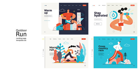 Runners website templates set. Flat vector concept illustrations of athletes running in a park, forest, stadium track or street landscape. Healthy activity and lifestyle. Sprint, jogging, warming up.