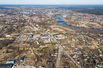 Aerial view of Putnudarzs in sunny spring day, Kuldiga, Latvia.