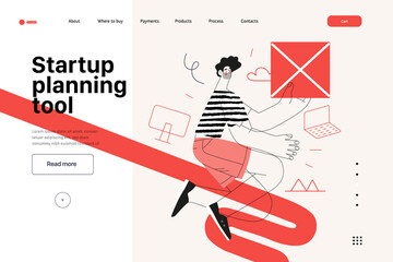 Startup illustration, website landing template Flat line vector modern concept illustration, startup metaphor. Concept of building new business, strategy, company processes. Startup planning tool