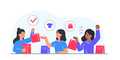 Concept of shopping. Girls with packages at checkout. Buying clothes in supermarket, fashion and style, trends. Women rejoice in wardrobe renewal, girlfriends. Cartoon flat vector illustration