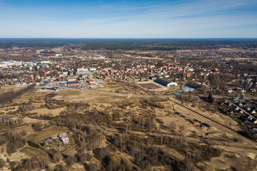 Aerial view of Kuldiga town in sunny spring day, Latvia.