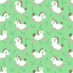Hand drawn seamless pattern with white unicorns and leaves. Perfect for T-shirt, textile and print. Doodle illustration for decor and design.