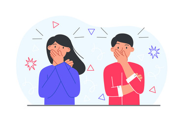 Couple keep secret. Man and girl do not talk to each other. Personal information, surprised characters. Friends covering their mouths with their hands, silence. Cartoon flat vector illustration