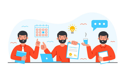 Concept of businessman. Man marks date on calendar. Time management, responsible entrepreneur tries to meet deadline. Successful character signed contract, leadership. Cartoon flat vector illustration