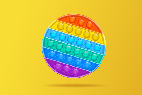 Pop it popular silicone colorful anti-stress toy poster for baby on yellow background in vector. Click on Pop Bubble. Simple dimple. Online store advertising concept. New. Develops hand matorics 